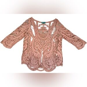 ME My Emblem Embroidered Lace Blouse Top Blush Pink Peach Sheer 3/4 Sleeve L